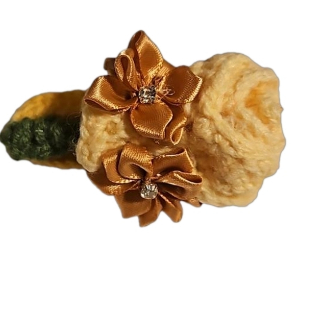 Hand Crafted Crochet hair accessory silver barrete 2- gold flowers handmade rose